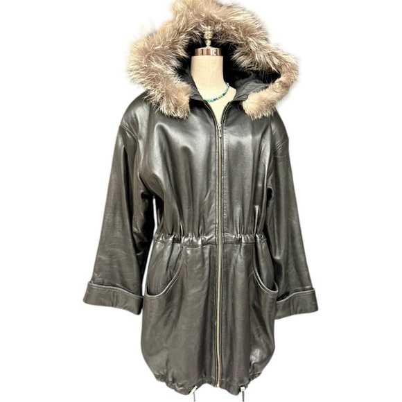 Tannery West Black Leather Jacket with Fox Fur Trim Hood, Leather Trench Coat - Picture 1 of 14